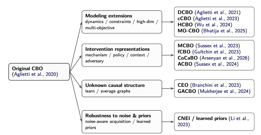 CBO research landscape from original CBO to modeling, intervention, unknown-graph, and robustness lines of work
