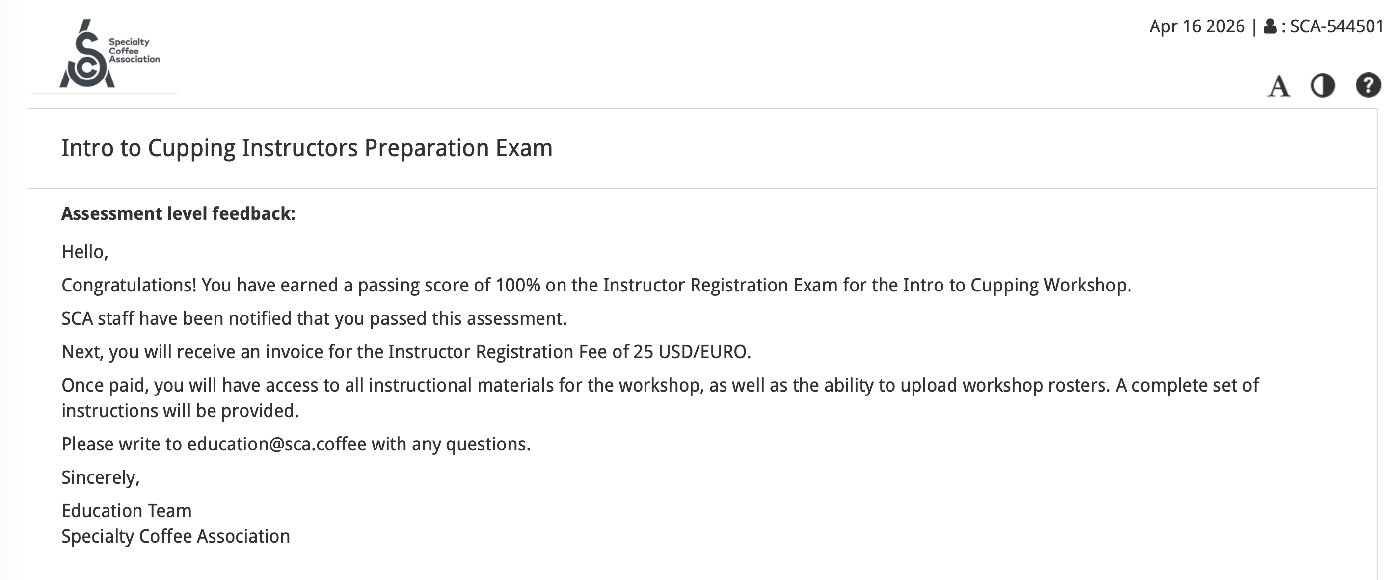 SCA email confirming passing score on the Intro to Cupping instructor registration exam