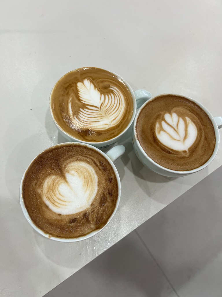 Rosetta, tulip, and heart latte art