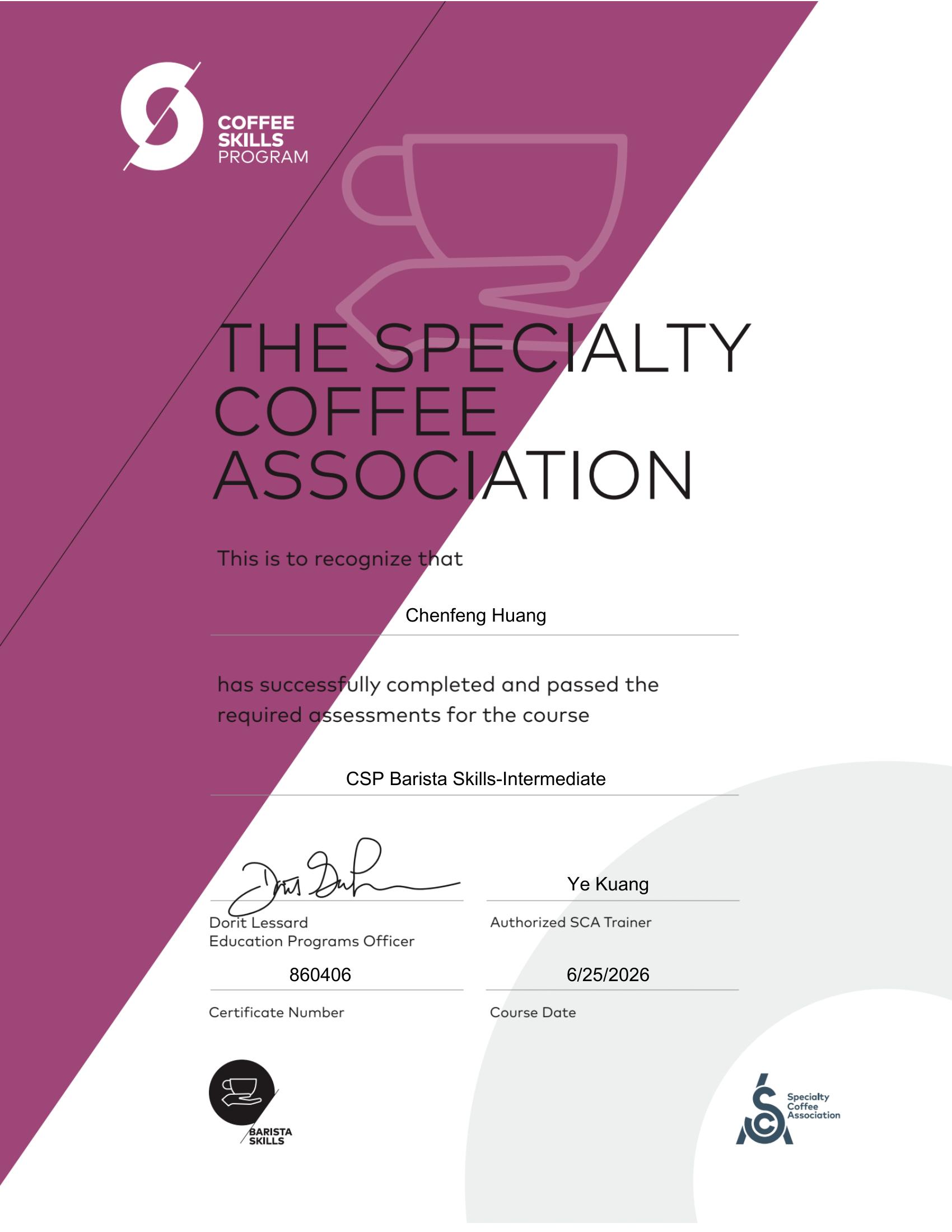 SCA Barista Skills Intermediate certificate