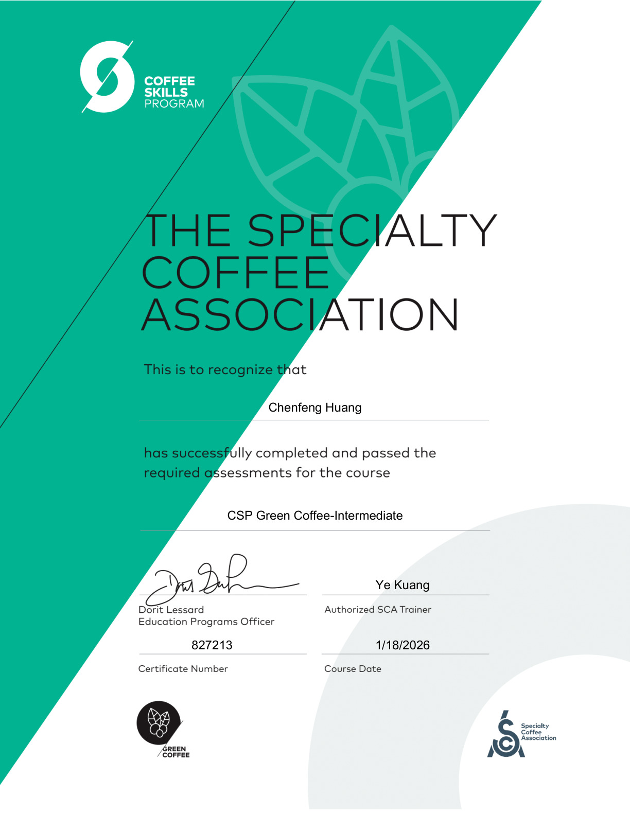 SCA Green Coffee Intermediate certificate